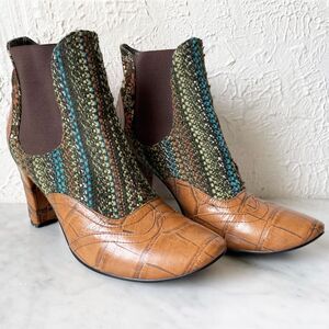 Tracy Porter Boho Ankle Boots Women's 10 Leather & Brocade Fabric Pull On Boots